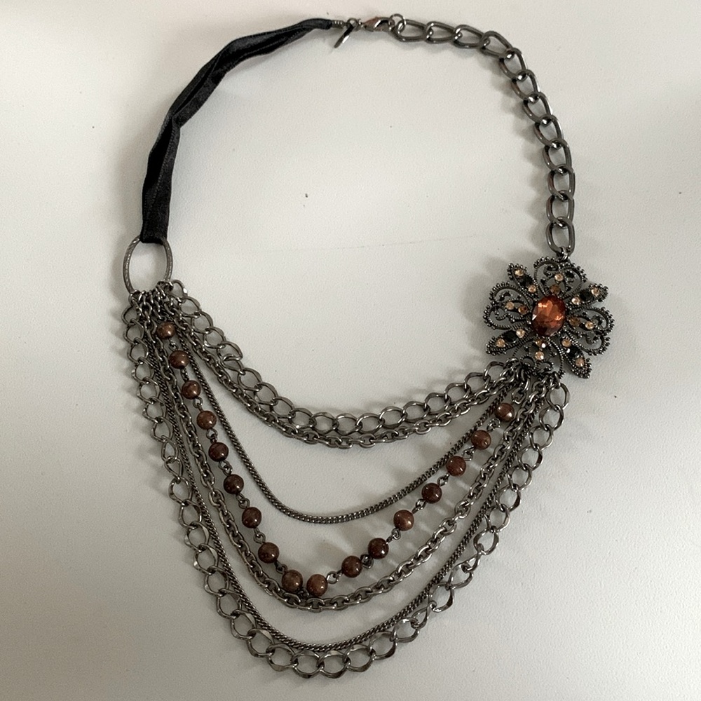 New York & Company rhinestones, faux pearls metal chained with ribbon necklace